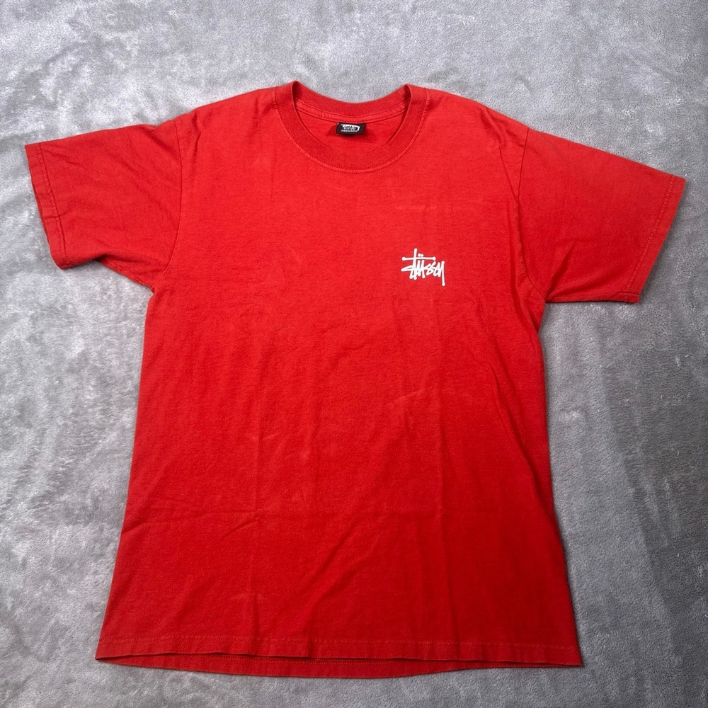 Stussy T-Shirt Men M Red Graphic Logo Crew Neck Short Sleeve Y2K